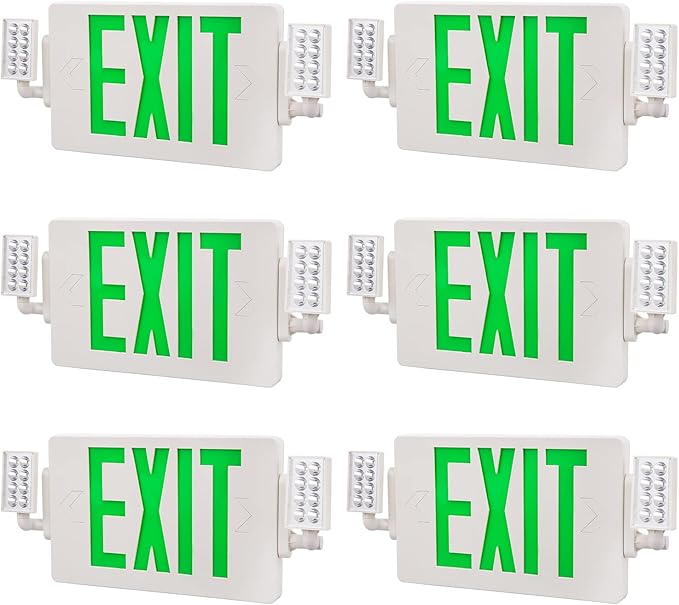 6 Pack Led Green EXIT Sign with Emergency Lighting with Battery Backup&Adjustable Two Head-US Standard-Hardwired-Exit Sign-120VAC-277VAC for Home Power Failure