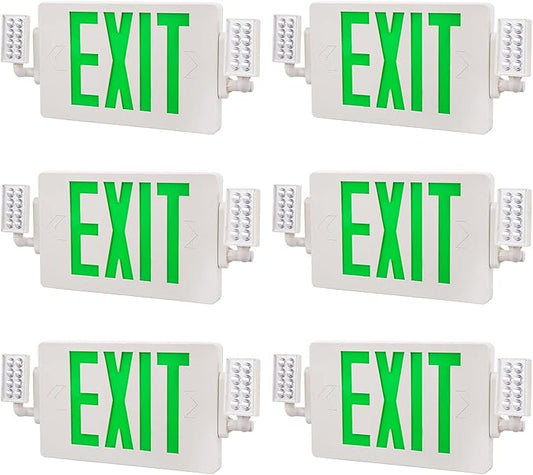 6 Pack Led Green EXIT Sign with Emergency Lighting with Battery Backup&Adjustable Two Head-US Standard-Hardwired-Exit Sign-120VAC-277VAC for Home Power Failure