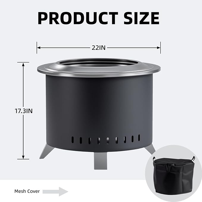 Smokeless Fire Pit,22 Inch Stainless Steel Firepit, Outdoor Wood Burning Fire Pit with Cover,Smokeless Firepits for Outside Backyard Patio Garden Camping Bonfire(Black)