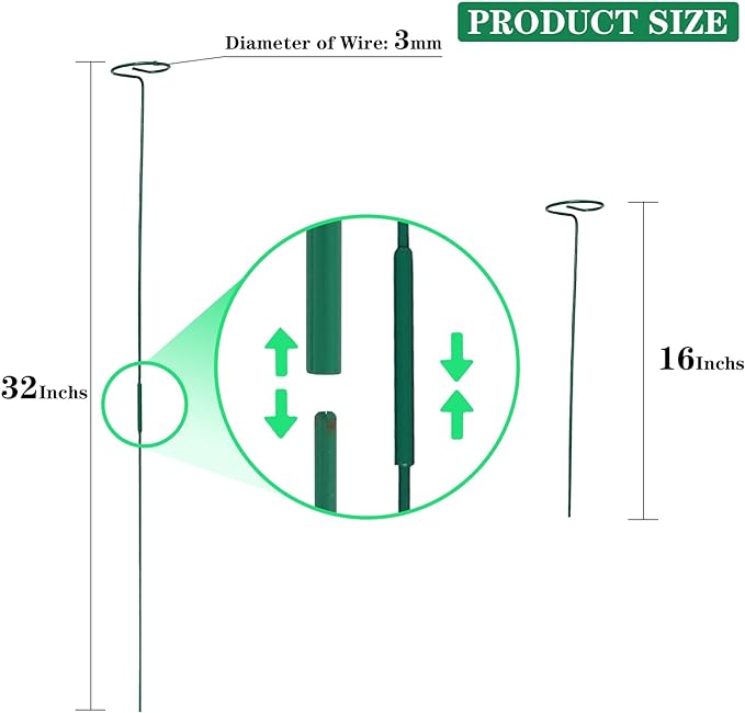 8 Pack Plant Stakes,Plant Support Stakes for Two Sizes(16 or 32 Inches),Plant Stakes for Outdoor Plants,Garden Flower,Tomato(Green)