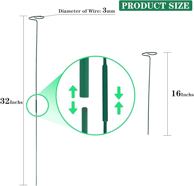 4 Pack Plant Stakes,Plant Support Stakes for Two Sizes(16 or 32 Inches),Plant Stakes for Outdoor Plants,Garden Flower,Tomato(Green)