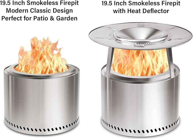 HGD 19.5" Smokeless Fire Pit Outdoor, Stainless Steel Wood Burning Firepit with Secondary Combustion, Backyard Patio Stove for Garden, BBQ & Bonfire