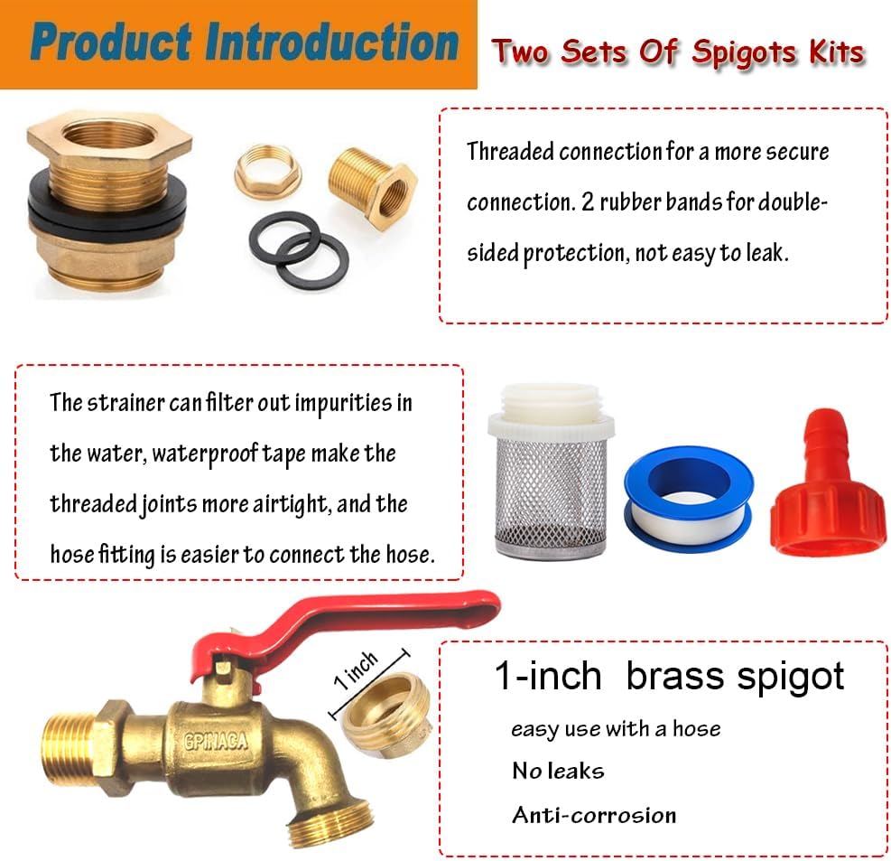 2Pcs Rain Barrel Spigots, Brass Faucet Kits for Rain Water Barrel, Water Tanks, Tubs, Pools Etc, Turn Ball Valve Rain Barrel Spigot with Bulkhead Fitting Set, Hose Adapter, Filter Mesh and Tape