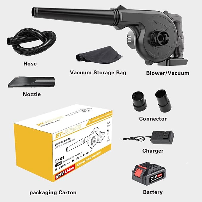 Leaf Blower Cordless, Mini Leaf Blower with Battery and Charger, Handheld Battery Powered Electric Leaf Blower, 2-in-1 Portable Blower &Vacuum for Lawn Care, Dust/Snow Blowing