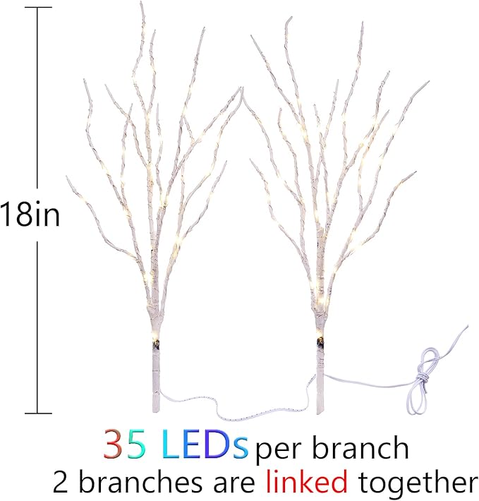 Fudios Lighted Birch Branches with 70 Multicolor LED Fairy Lights 18in Battery Operated, Lit White Twig Branches Color Changing Lights for Christmas Party Decoration