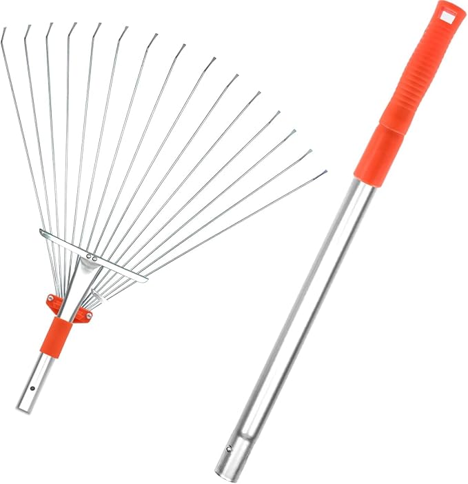 Buyplus Adjustable Garden Leaf Rake - 24 to 63 Inch Telescopic Metal Expandable Folding Leaves Rake, Metal Rake for Leaves, Yard Rakes for Lawn Yard, Flowers Beds, Orange