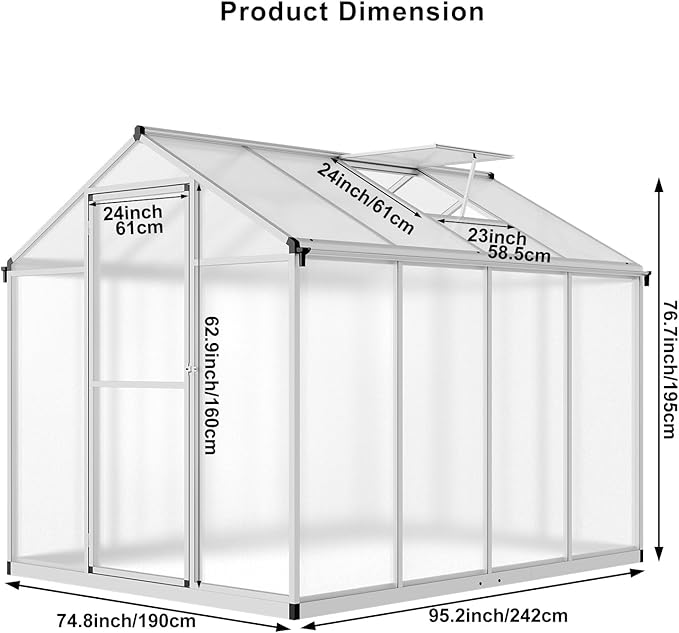 Greenhouse for Outdoors 8 x 6.25 Ft, Polycarbonate Greenhouse with Lock, Roof Windows Vent and Rain Gutter, Aluminum Large Walk-in Green Houses, for Patio Garden Backyard Outside, Silver