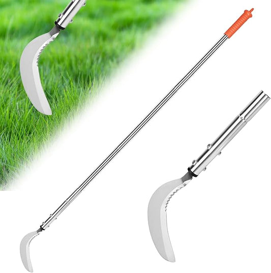 Weeding Sickle,Stainless Steel Long Handle Double Serrated Blade Grass Sickle,Stand Up Weeding Tool,Lightweight Sickle Garden Tool for Yards and Gardens