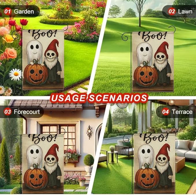 Halloween Garden Flag 12x18 Inch Double Sided Ghost Pumpkin Skeleton Yard flag Outdoor Holiday Party Porch Decor for Patio Lawn Garden Home Decoration