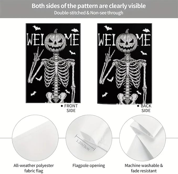 Halloween Welcome Garden Flag 12x18 Inch Double Sided, Grim Reaper Skeleton Pumpkin Yard Flag, Outdoor Porch Patio Lawn Decoration for Haunted House, Birthday Party, Holiday Seasonal Décor