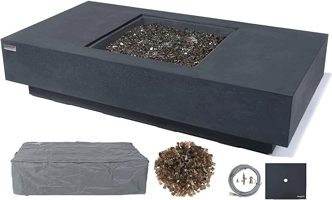 Elementi+ | Cannes Gas Fire Pit Cast Concrete 60" Rectangular Fire Table, Outdoor Fire Pit Electronic Ignition | Canvas Cover, Fire Glass and Burner Lid Included | Dark Gray | Natural Gas