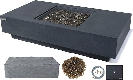 Elementi+ | Cannes Gas Fire Pit Cast Concrete 60" Rectangular Fire Table, Outdoor Fire Pit Electronic Ignition | Canvas Cover, Fire Glass and Burner Lid Included | Dark Gray | Natural Gas