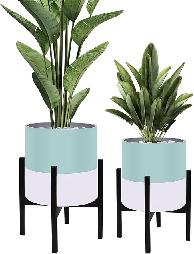 10 & 12 Inches Plant Pots with Stand-Large Indoor Planters with with Drainage Holes,Modern Planting Pots with White and Green Color Matching for Living Room, Office, Garden Or Balcony