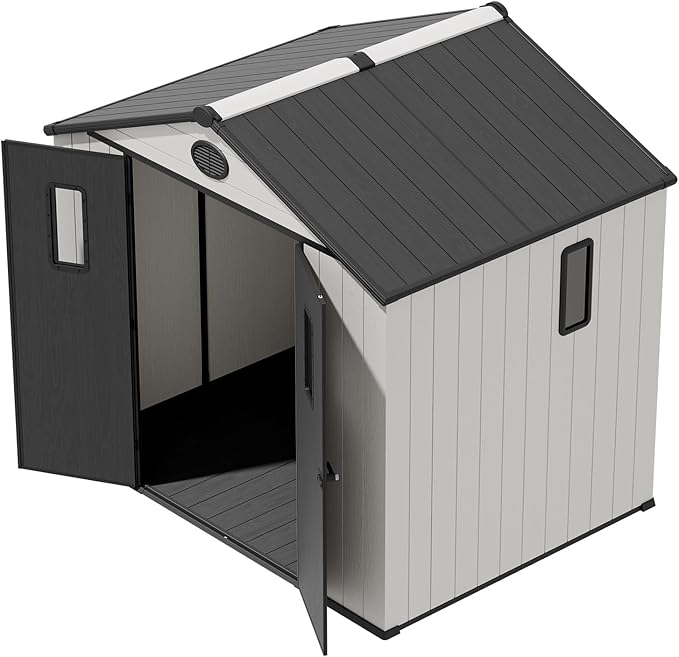 COOS BAY Resin Outdoor Storage Shed with Lockable Double Doors, Heavy-Duty Floor, All-Weather Garden Shed for Tools & Equipment, 8x6 ft, White/Gray