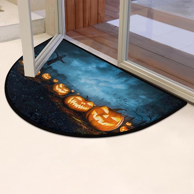 cfpolar Halloween Half Round Door Mat, Semicircle Pumpkin Doormat, Non Slip Area Rug, Soft, Wear Resistant, 24 x 36 in