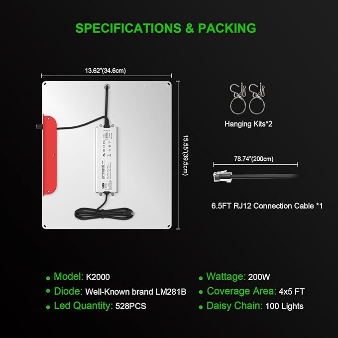 AGLEX K2000 LED Grow Light, Full Spectrum Grow Light with UV IR, LED Plant Grow Lights for Seeding Starting Veg Flower Hanging Growing Lamps 4X5 FT Coverage with Daisy Chain & Dimmable