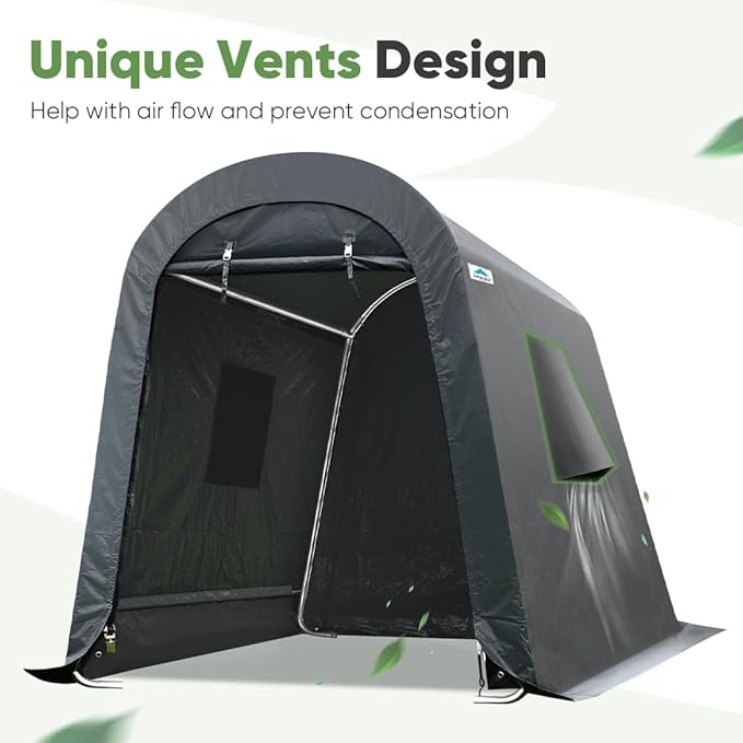 ADVANCE OUTDOOR 6x8 ft Shelter Storage Shed Steel Metal Round Peak Roof Portable Garage Carport for Motorcycle, Boat, or Garden Tools with 2 Roll up Doors & Vents, Gray