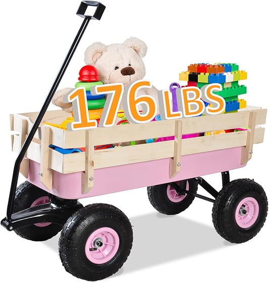 176 lb Kids Wagon Cart, 85L Large Capacity Durable Outdoor Tool Cart, Heavy Duty Cargo Wagon, Steel and Wooden Side with 10 Inch Inflatable Wheels, for Kids, Toys, Sport, Shopping (Pink)