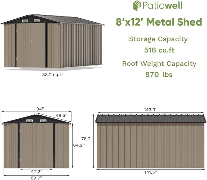 Patiolife 8 x 12 FT Metal Storage Shed for Outdoor, Steel Shed with Design of Lockable Doors, Utility and Tool Storage for Garden, Backyard, Patio, Outside Use, Brown