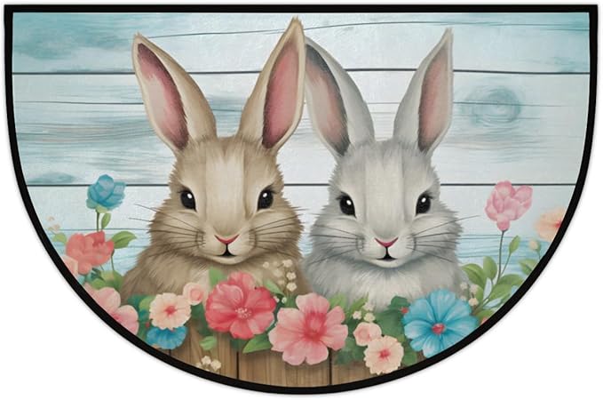 Easter Half Round Door Mat - Rabbit Spring Flower Semicircle Doormat, Non Slip Area Rug, Soft for Front Door, Indoor Entrance, Wear Resistant Welcome Mat for Garage, Patio, Home Decor - 24 x 36 In