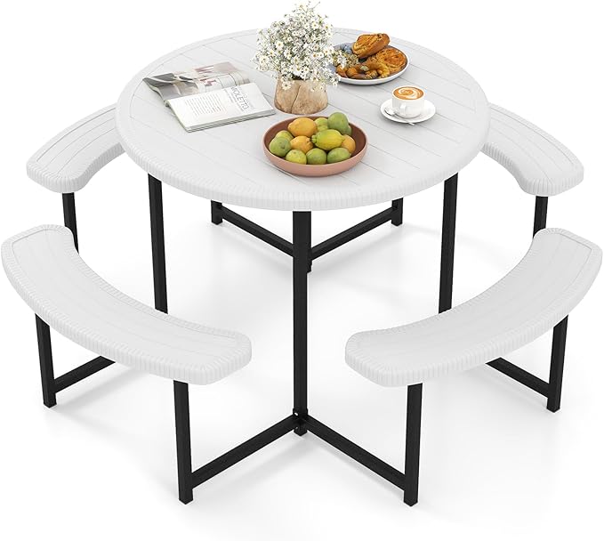 Tangkula 8 Person Picnic Table, HDPE Outdoor Round Table and Bench Set with 4 Built-in Benches, Umbrella Hole, Metal Frame for Garden Yard Patio Lawn