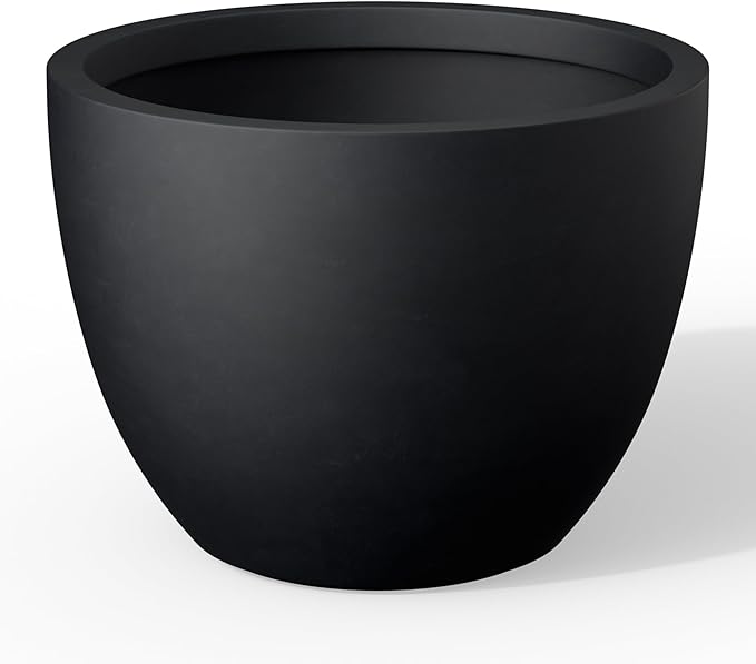 Kante 14.2 Inch Round Concrete Planter - Classic Large Indoor/Outdoor Plant Pot with Drainage Hole and Rubber Plug, Suitable for Gardens and Patios, Black
