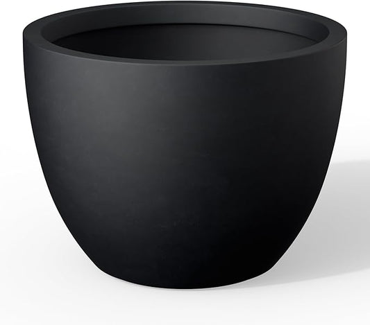 Kante 14.2 Inch Round Concrete Planter - Classic Large Indoor/Outdoor Plant Pot with Drainage Hole and Rubber Plug, Suitable for Gardens and Patios, Black