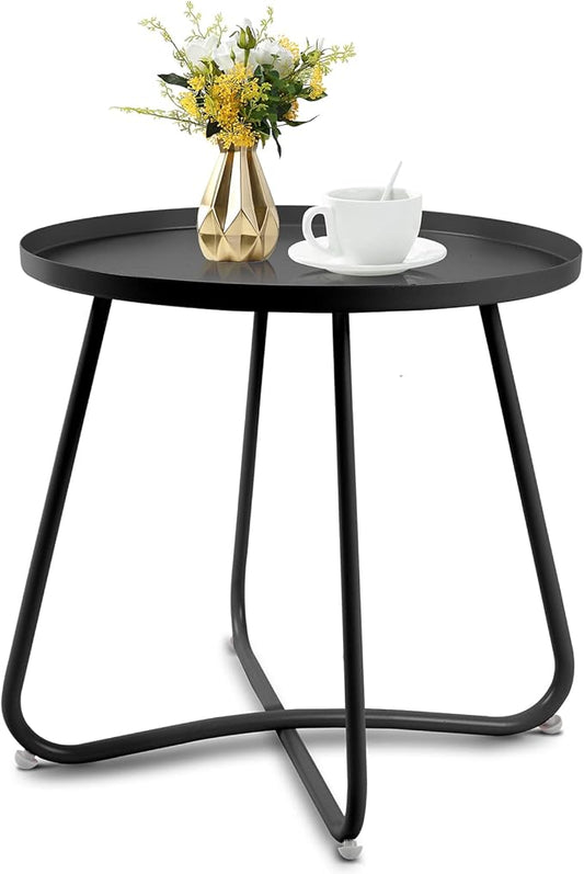 Babion Black Outdoor Side Tables, Small Outdoor Table, Round Patio Side Table Steel, Small Accent End Table for Patio Yard Garden, Indoor & Outdoor