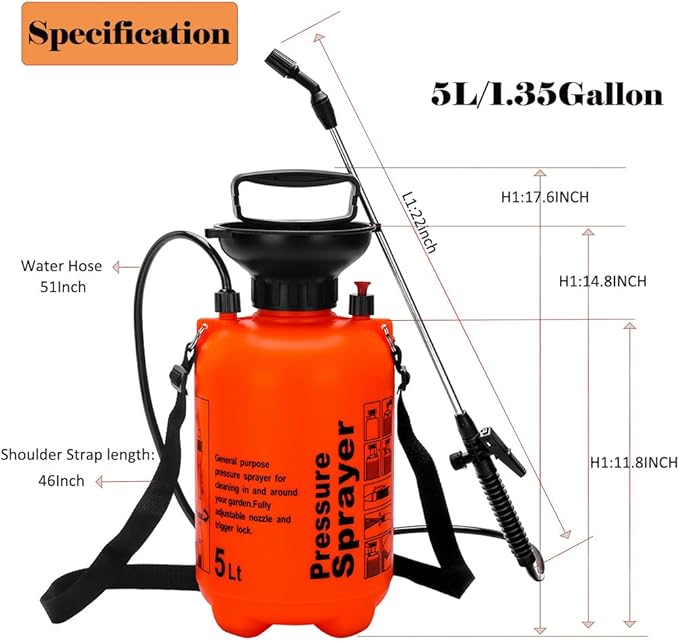 1.3Gal/5L Garden Sprayer, Pressurized Water Spray Bottle with Adjustable Shoulder Strap Pump Pressure Sprayer (Orange-5L)