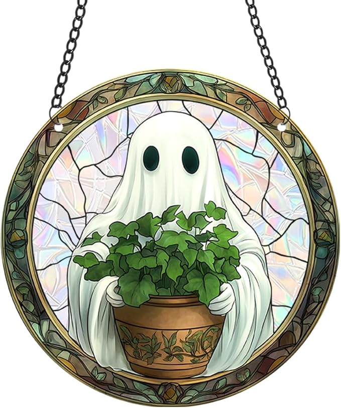 Halloween Sun Catcher - 8 Inch Round Suncatcher for Window Hanging Decoration - Creates Indoor Rainbows Light Refraction - Spooky Ghost, Witch, Pumpkin Design - Suction Cup Hook & Chain