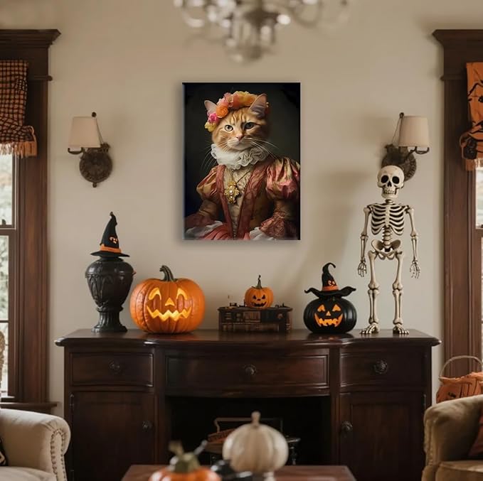 Jatinoo Orange Cat Gothic Wall Art - 11.5x15 inch Framed Canvas Print, Witchy Dark Academia Vintage Home Decor for Halloween, Moody Aesthetic Room Poster for Cat Lovers