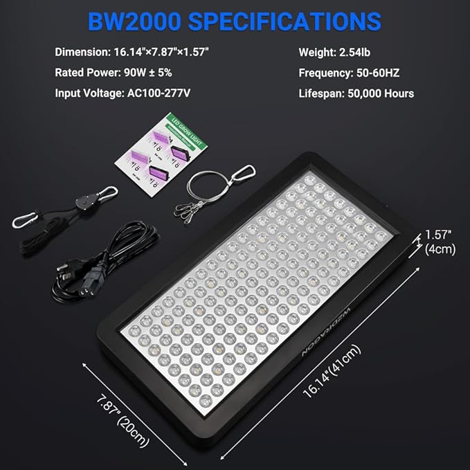 2024 Upgraded BW2000 LED Grow Lights Double Chips Full Spectrum with 10ft Cable for Greenhouse and Indoor Plant Veg and Flower Growing [Black]