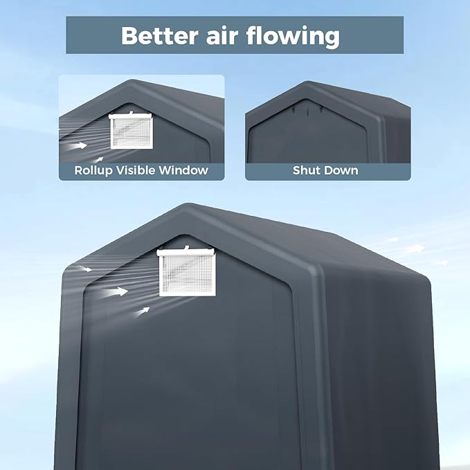 GREEN PARTY Storage Shelter Shed, 6x10 ft Portable Shed Outdoor Carport with Roll-up Zipper Door & Vents, Outdoor Storage Shed Portable Garage for Motorcycle, Bike, Waterproof & UV Protected, Gray