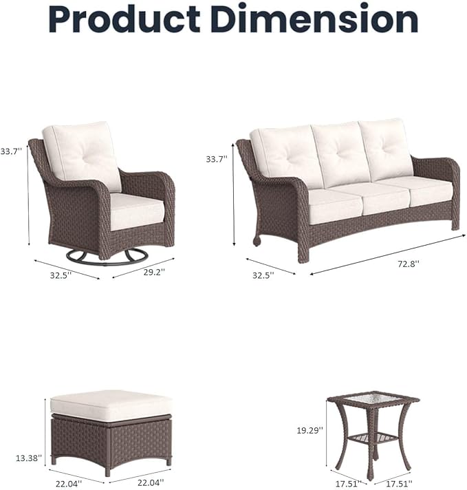 7 Pieces Outdoor Patio Furniture Sets with Rocking Swivel Chairs with 6-inch Thick Cushion and Side Table for Deck Lawn