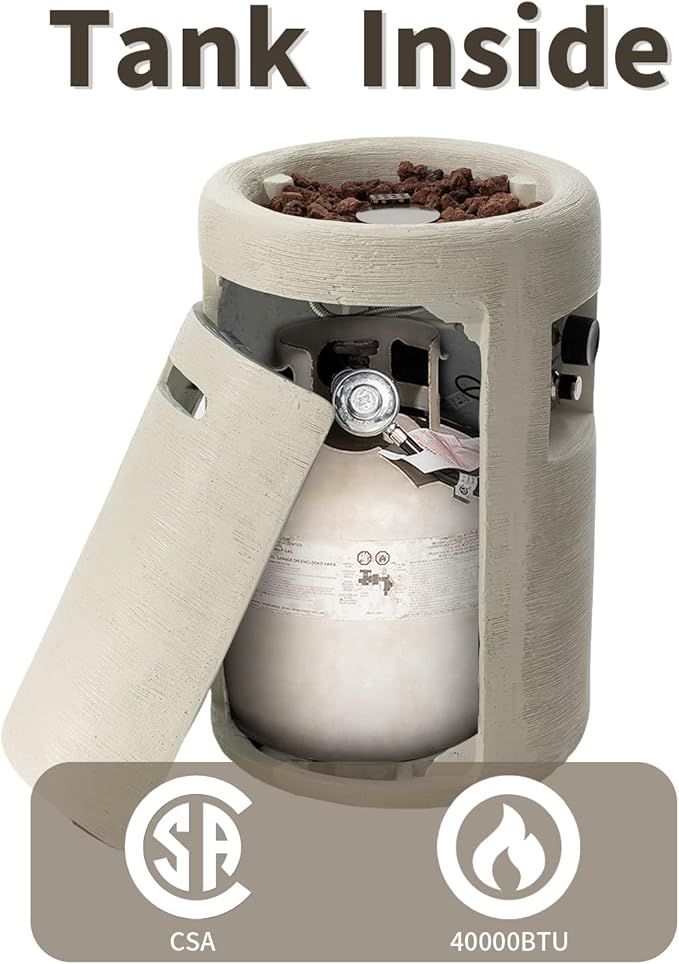 SUNBURY Outdoor Propane Fire Pit, Stone Like Fire Pit Table with Glass Wind Guard, Waterproof Cover, 40000BTUS Small Column Firepit Garden Lighting, CSA Certified (Creamy White)