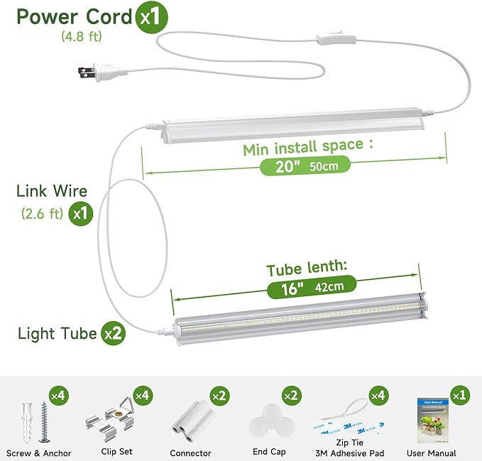 T5 Grow Lights for Seed Starting, 16 inches, 2-Count (10W x2) Full Spectrum LED Plant Light Bar w/Reflectors for Seedlings, 4000K White Growing Strips for Shelf/Rack