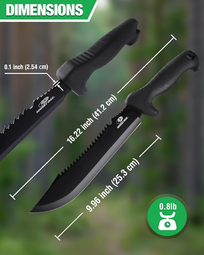 Mossy Oak Machete with Saw, 16" Sharp Machete with Sheath, Ergonomic No-Slip Handle for Bushcraft, Outdoor Hunting, Garden Cutting Small Trees and Yard Work