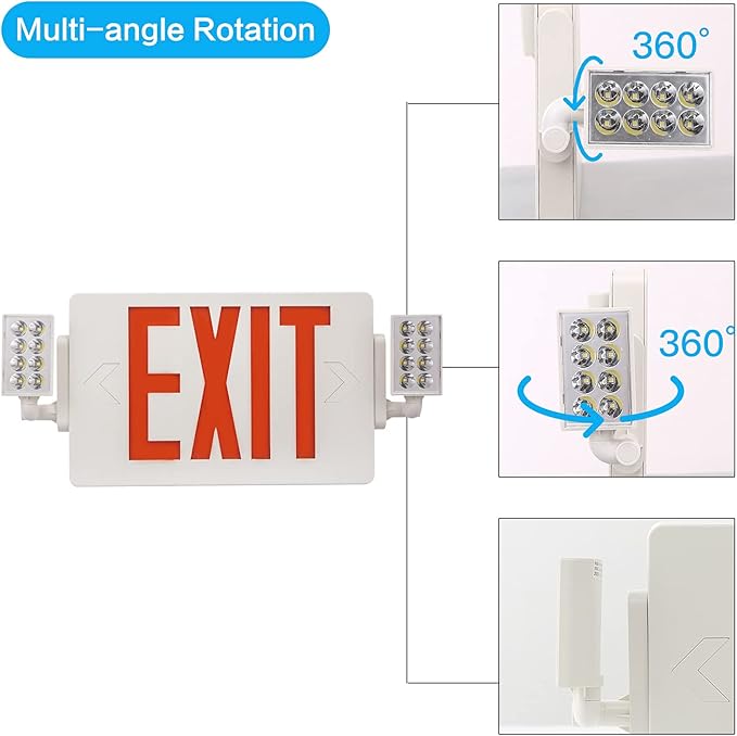 2 Packs UL Listed- Led Red Exit Sign Emergency Light Combo- Two LED Adjustable Head Emergency Exit Lights with Battery Backup- ABS Fire Resistance 120-277V-Double Face-Exit Sign for Business