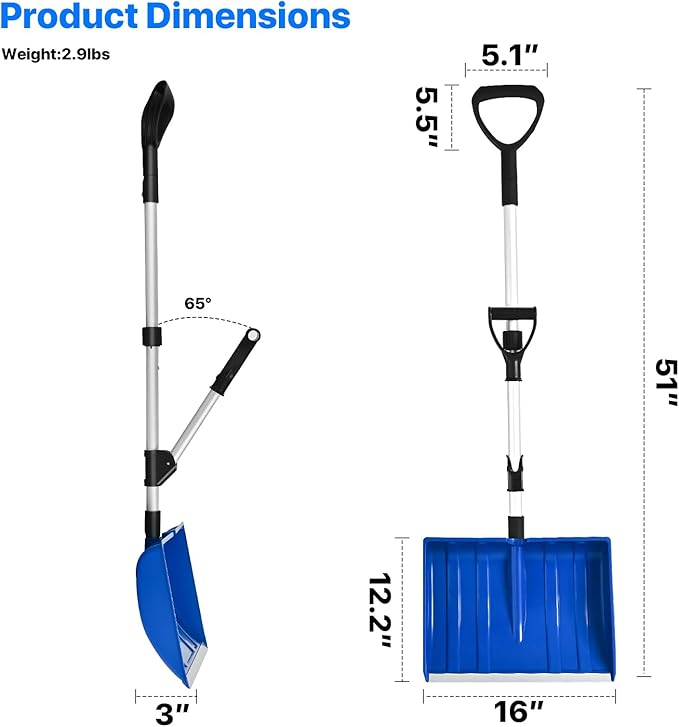 Ergonomic Snow Shovel for Driveway and Car, 51 Inch Long Heavy Duty Snow Shovels for Snow Removal with Assist Handle, Large Capacity Lightweight Winter Tool for Garage, Camping