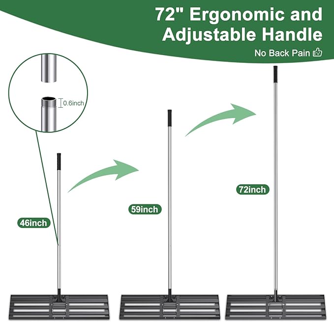 30x10 inch Lawn Leveling Rake, Yumatum 72" Effort Saving Lawn Leveler Tool, Stainless Steel Handle Lawn Leveler for Golf Course Yard Pasture Garden, Professional Lawn Care Landscape Rake