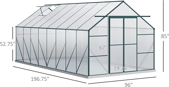 Outsunny 16' x 8' Aluminum Greenhouse Polycarbonate Walk-in Garden Greenhouse Kit with Adjustable Roof Vent, Rain Gutter and Sliding Door for Backyard, Patio, Clear