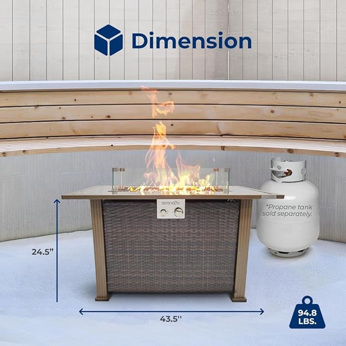 SereneLife 43.5-Inch Outdoor Propane Fire Pit Table – 50,000 BTU, Tempered Glass Wind Guard, Sliding Door, Auto-Ignition, Stainless Steel Burner, Waterproof Cover – Ideal for Patio, Garden & Backyard