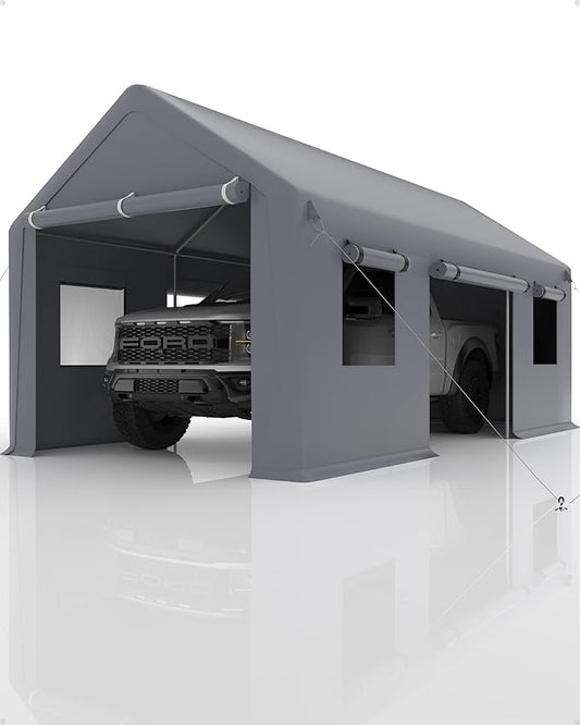 Heavy Duty Carport Canopy 12x20 FT Outdoor Storage Shed – Portable Metal Garage Tent Shelter with Removable Sidewalls & Doors, Car Boat Truck Cover for Driveway, RV, Motorcycle,Gray