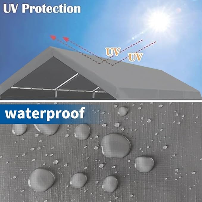 Rutile 10 x 20 FT Carport Replacement Cover - Heavy Duty Car Tarp Canopy Tent Garage Top Shelter With Fabric Leg Pole Skirts and Ball Bungees - Gray (Only Top Cover, Frame Not Included)