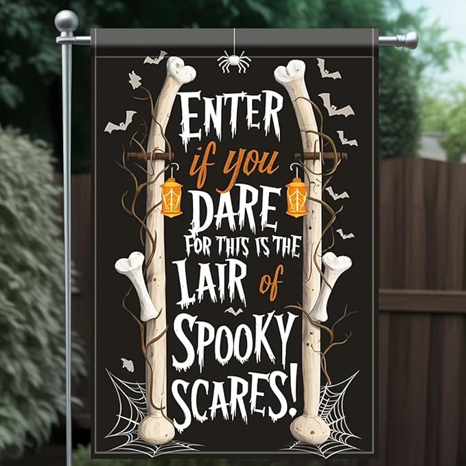 Saoplasa Halloween Garden Flag Enter lf You Dare Spooky Bones 12x18 Inch Double Sided OutdoorYard Banner for Haunted House Trick or Treat Skeleton Bone Spider Web Halloween DecorationDecor