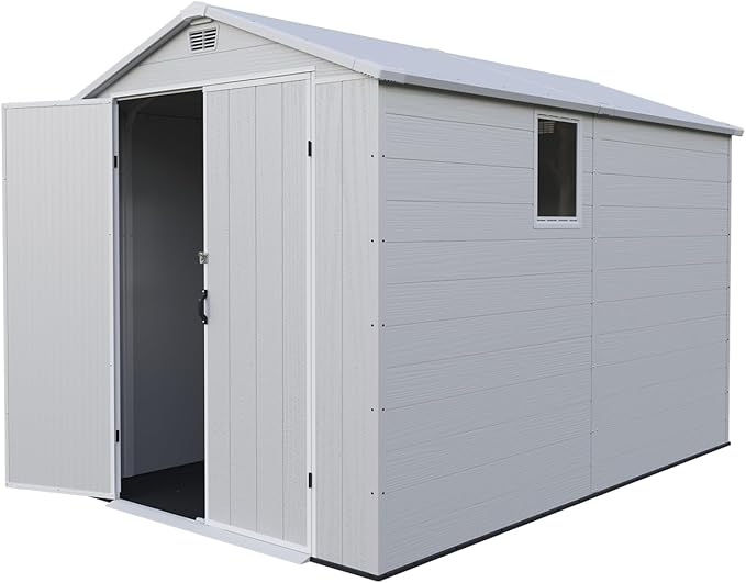 Patiowell 6 x 10 FT Plastic Outdoor Storage Shed with Floor, Resin Outside Tool Shed with Two Windows and Lockable Door for Garden, Backyard, Tool Storage Use, Easy to Install, Light Grey