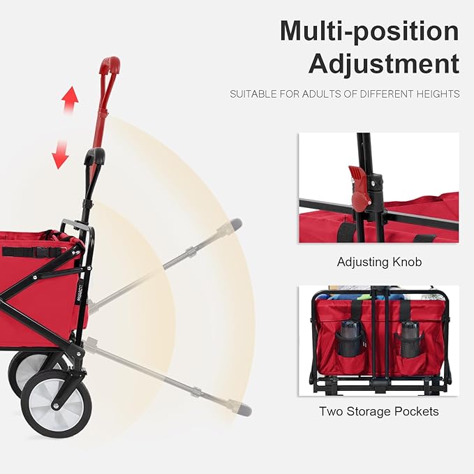 Collapsible Wagon Folding Wagon Garden Cart with Large Capacity, Portable Utility Wagon Cart Heavy Duty for Beach Camping Shopping Garden, Red