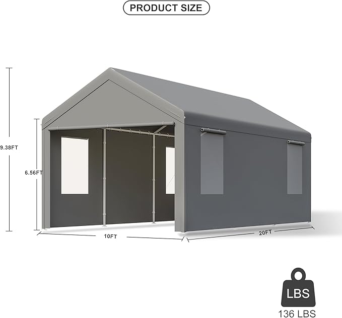 Carport,10x20 Heavy Duty Carports, Canopy, Garage, Metal Shed, with 4 Roll-up Ventilated Windows, Outdoor, Storage, Car, Boat,10x20 Grey