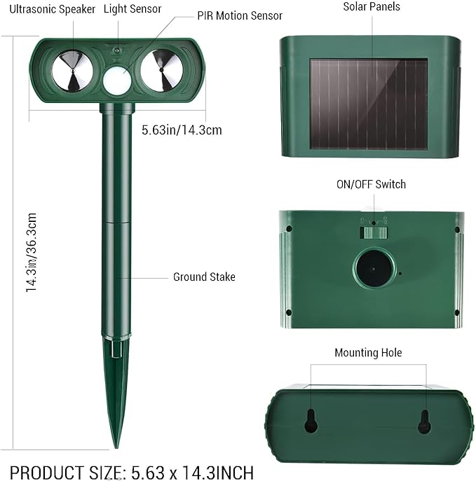 4 Pack Ultrasonic Animal Repeller Outdoor Solar Deer Repellent Ainmal Cat Deterrent with Motion Sensor to Repel Squirrel Dog Rabbit Raccoon Repellent for Yard Garden