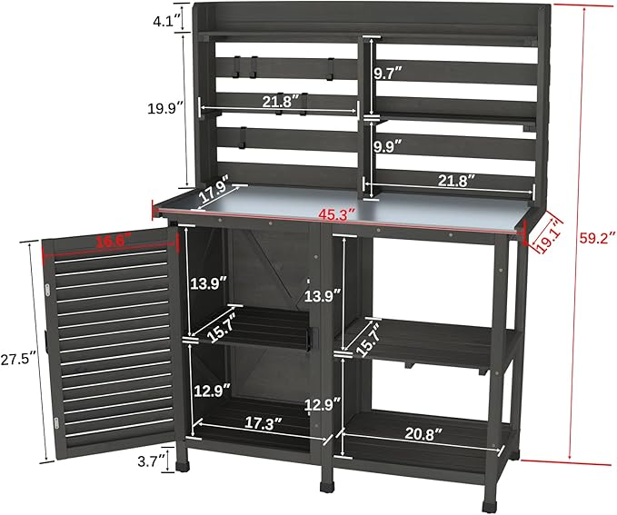 GDLF Potting Bench Table Large Garden Outdoor Work Bench Metal Tabletop Workstation with Storage Cabinet Shelf Dark Grey